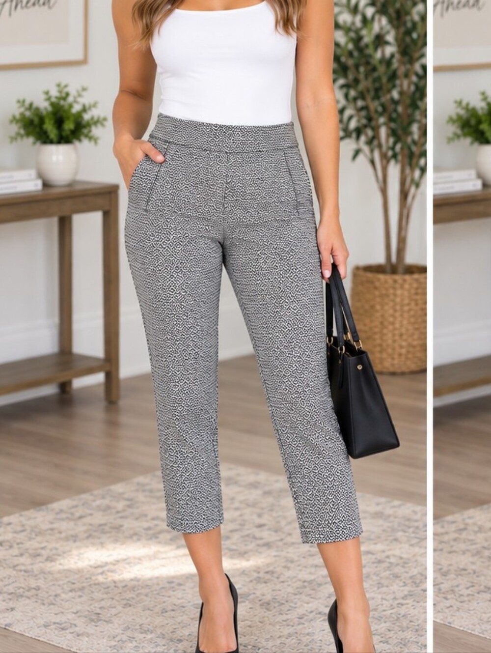ELLE Women's Black & White Geometric Print Cropped Pants – Size Small